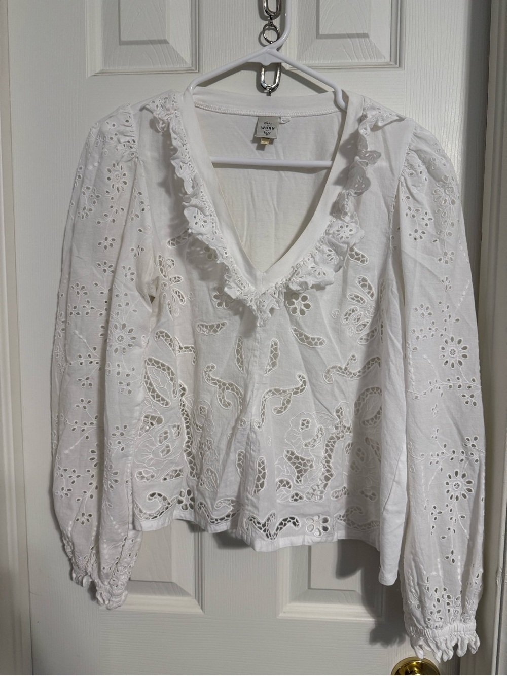 White Eyelet V-Neck Long-Sleeve Top
